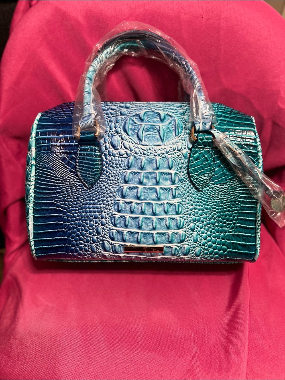 Teal Blue Ombre Croc-Embossed Satchel Handbag w/ crossbody strap